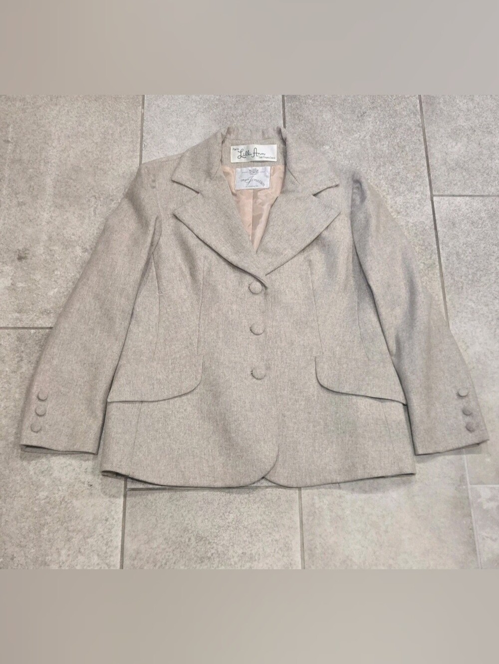 Vtg 1960s Lilli Ann Wool Blazer Jacket Gray Rhinestone Bow Back Meyer Jonasson S